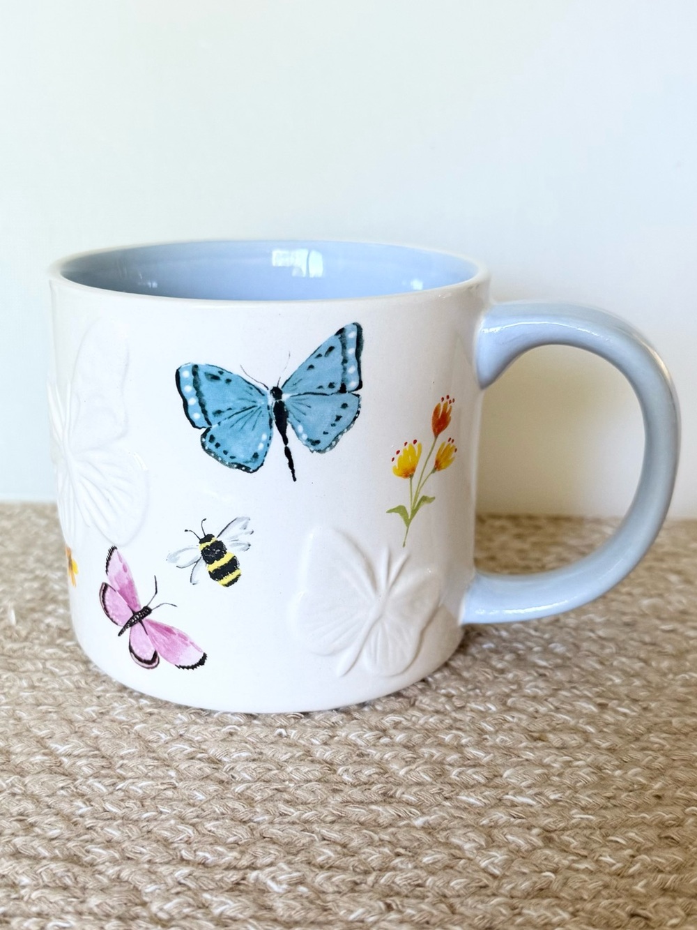 Stoneware Butterfly, Bee, & Floral Mug Light Blue Embossed Mug